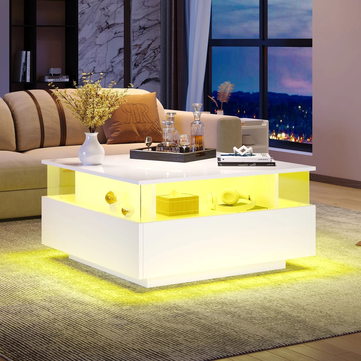 okwish Couchtisch mit LED 2 Schubladen Präsentationsbereich 70x70x41cm Weiß_3