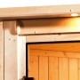 Detailansicht Karibu Sauna mit LED-Dachkranz und Ofen, naturbelassene Fichte.