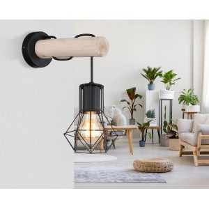 Moderne Wandlampe von Globo, schwarz matt mit Holzelement, für E27 Leuchtmittel. Dekorative Wandleuchte.
