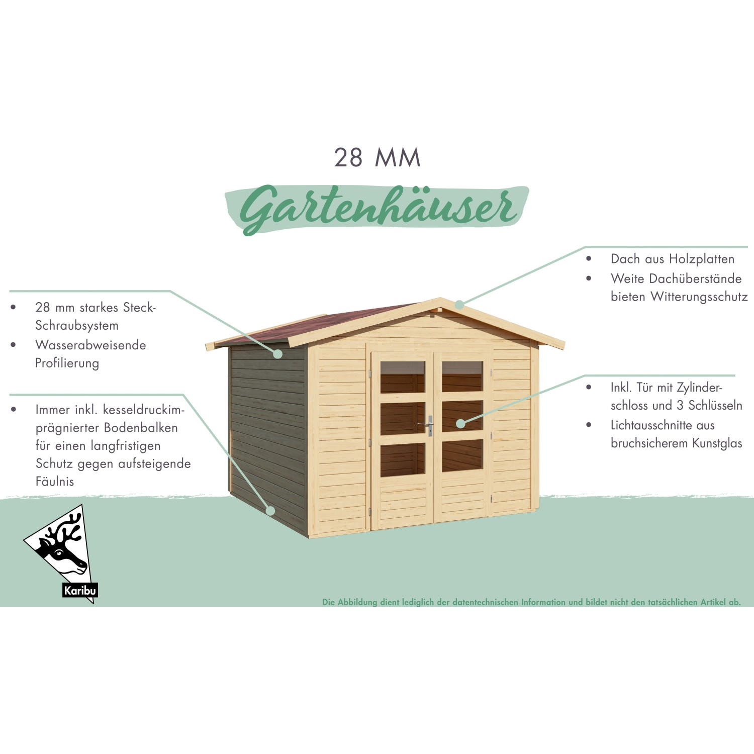 Karibu Holz-Gartenhaus Tessin 1 Natur, 240x240 cm, mit Boden und Dachschindeln.