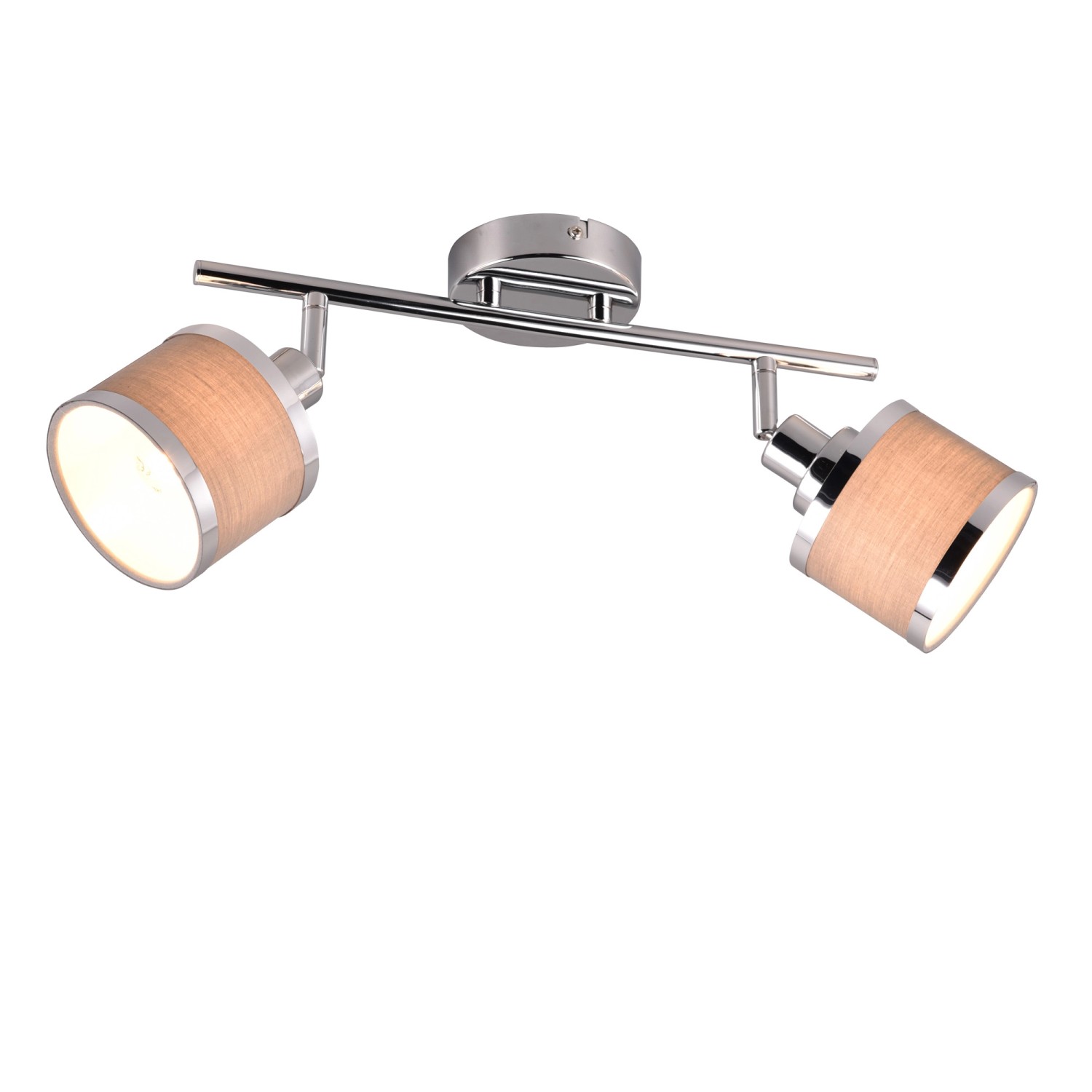 Chromfarbiger Trio Spot Arosa mit zwei grauen Stoffschirmen für Wohn- und Essbereich.