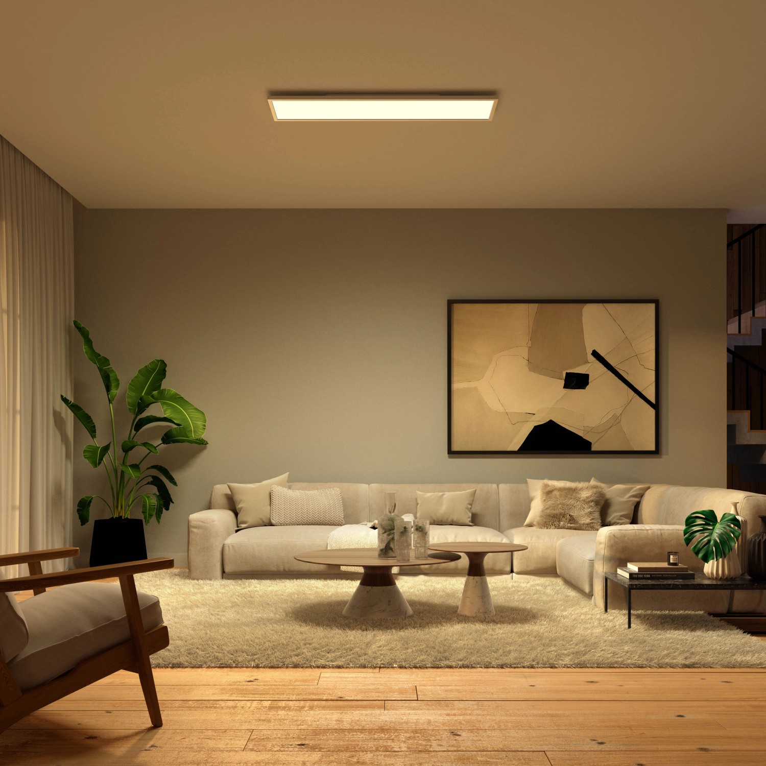 Philips Hue Surimu LED Panel Deckenleuchte (120x30cm) in Wohnraum-Szene.