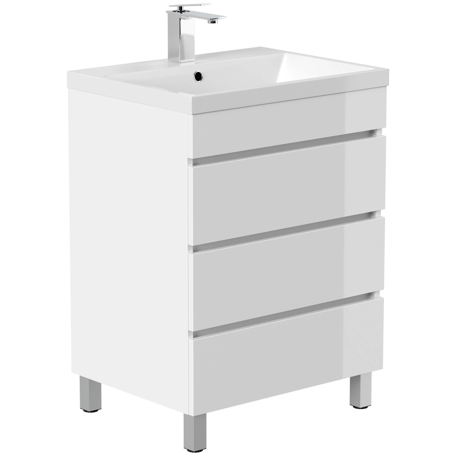 Posseik Fellini Badmöbel-Set, 60 cm, Weiß Hochglanz mit 3 Schubladen.