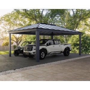 Grauer Palram Canopia Carport Colorado (612x426cm) mit zwei geparkten Fahrzeugen.