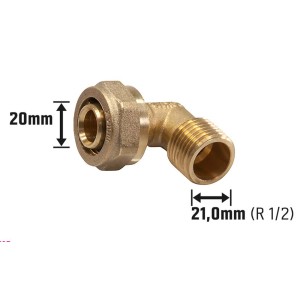 Klemm-Winkelübergangsstück aus Messing, 44 mm, für Klemmfittings. Winkelform mit Klemmringverschraubung und Außengewinde.