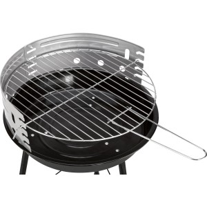 Schwarzer Holzkohle-Rundgrill mit verchromtem Grillrost, ideal für Balkon und Garten.
