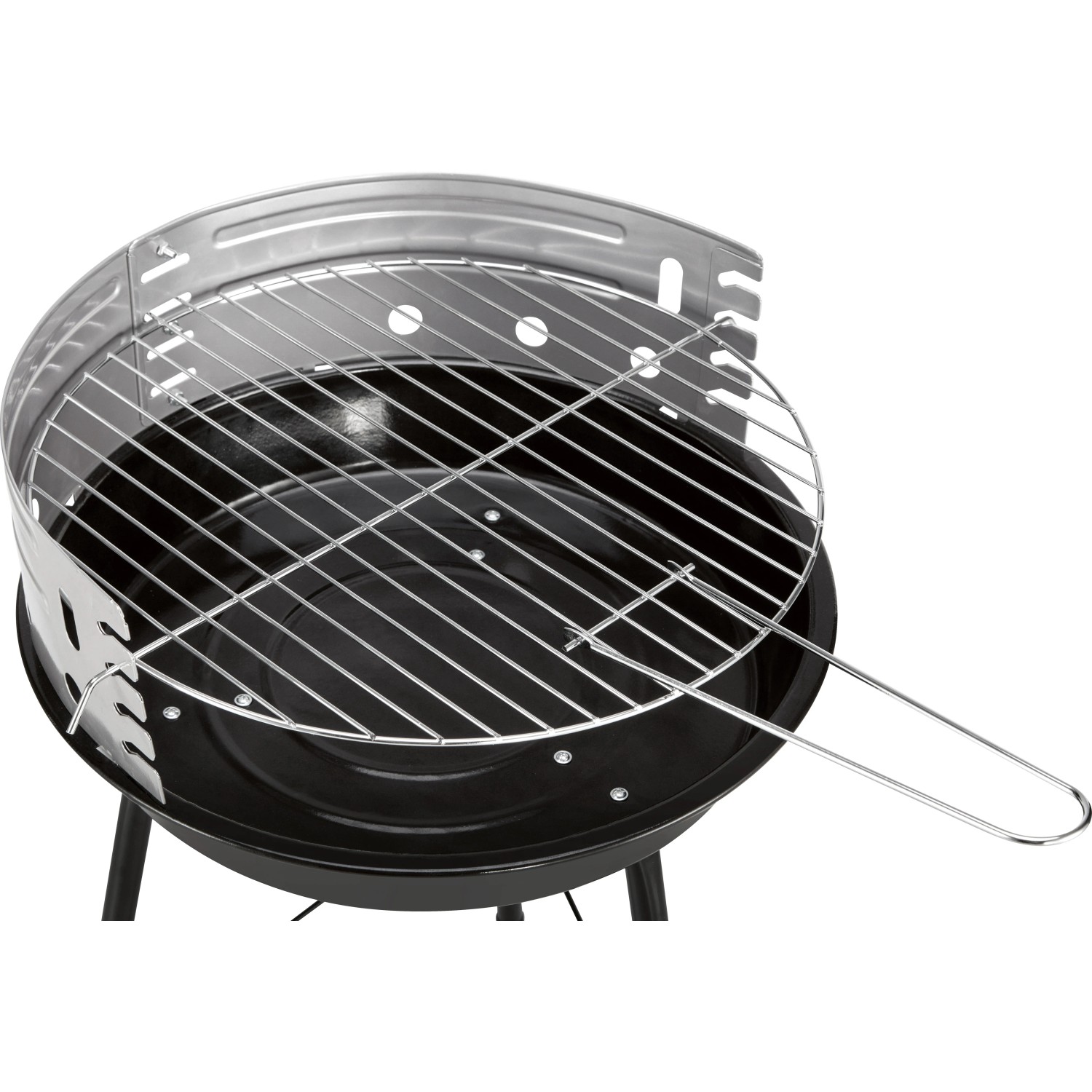Schwarzer Holzkohle-Rundgrill mit verchromtem Grillrost, ideal für Balkon und Garten.