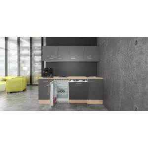 Flex-Well Büroküche Morena, 210 cm, basaltgrau/San Remo Eiche hell, mit E-Geräten und Spüle.
