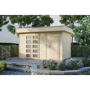 Skan Holz Gartenhaus Venlo 3 Natur, 380x250 cm, mit Tür und Fenster im modernen Design.