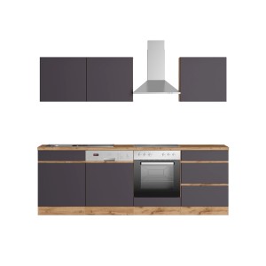 Moderne Held Möbel Küchenzeile Turin 240 cm in Graphit- und Wotaneiche-Optik mit E-Geräten.