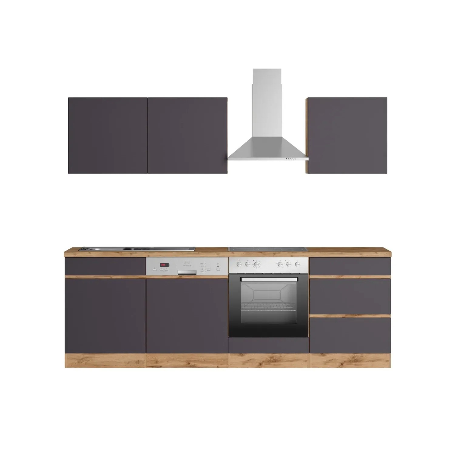 Moderne Held Möbel Küchenzeile Turin 240 cm in Graphit- und Wotaneiche-Optik mit E-Geräten.