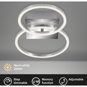 Moderne LED Deckenleuchte von Briloner, Chrom-Alu, mit zwei drehbaren Ringen und warmweißem Licht.