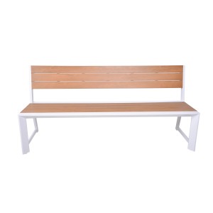 Gartenbank Venice mit Rückenlehne, braun-weiße Holzoptik und weißem Aluminiumgestell.