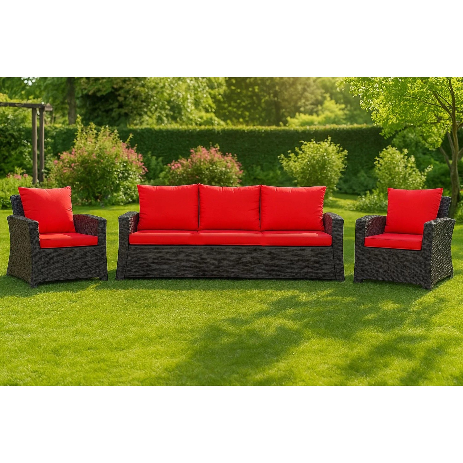 Rot-schwarzes Gartenmöbel-Set mit Kissen für Polyrattan-Möbel, bestehend aus Sofa und Sesseln.