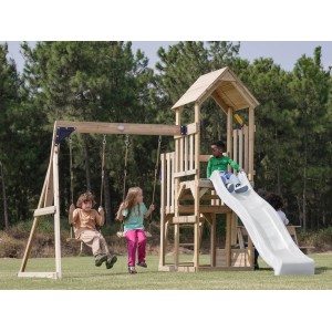 Axi Spielturm Mette mit Doppelschaukel, Rutsche und spielenden Kindern im Garten.