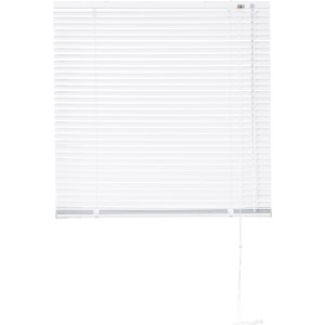 Weiße Aluminium Jalousie Burgos, 120x160 cm, für Fenster, mit Zugschnur zur Lichtregulierung.
