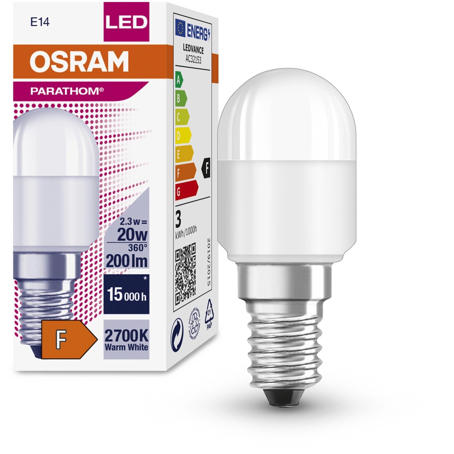 Osram LED-Röhrenlampe T26, E14, 2,3W, Warmweiß, neben Produktverpackung.