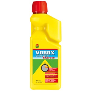 Gelbe Flasche Vorox Unkrautfrei Express 500ml für die Unkrautbekämpfung im Beet.