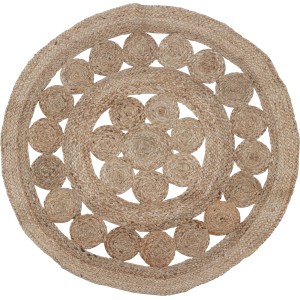 Runder, geflochtener Jute Teppich (Ø 90 cm) in Natur mit dekorativen Kreismustern.