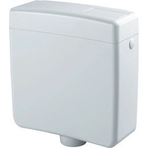 Weißer Aufputz-Spülkasten Riviera für Stand-WC mit Start-Stopp-Funktion.