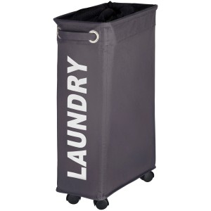 Schmaler, dunkelgrauer Wenko Wäschesammler Corno mit Rollen und Sichtschutz (43 l).
