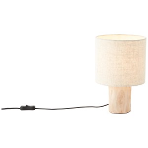 Weiße Brilliant Tischleuchte Pia mit Textil-Schirm und Holzfuß.