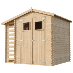 Timbela Holz-Gartenhaus M386, beige-braun, mit Doppeltür und integriertem Holzunterstand.
