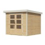 Karibu Gartenhaus Diego 3 A, naturbelassen/weiß, mit Doppeltür und Fenstern.