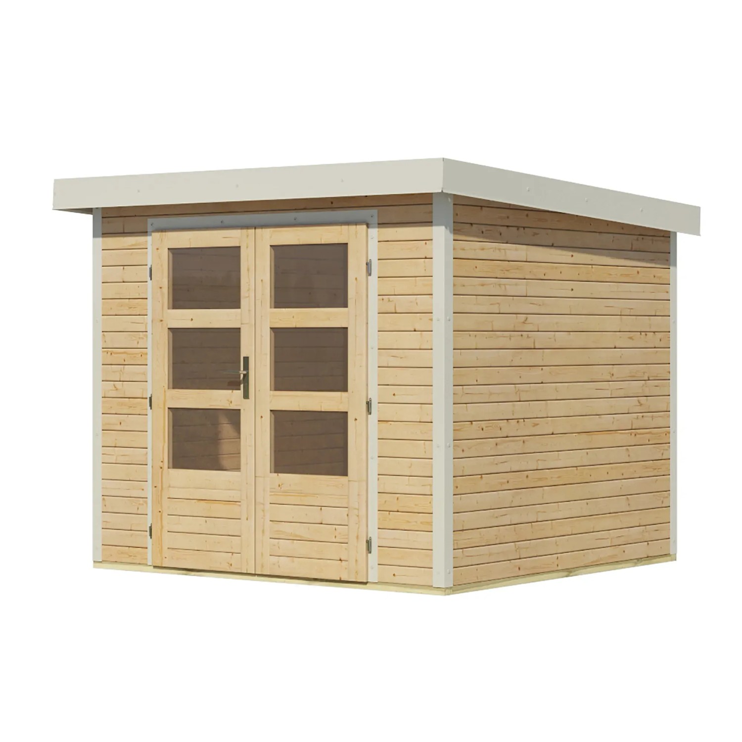 Karibu Gartenhaus Diego 3 A, naturbelassen/weiß, mit Doppeltür und Fenstern.