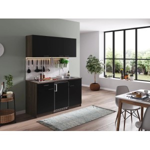 Respekta Küchenzeile KB150EYSC, 150 cm, Schwarz/Eiche York Nachbildung mit Kühlschrank und Kochfeld.