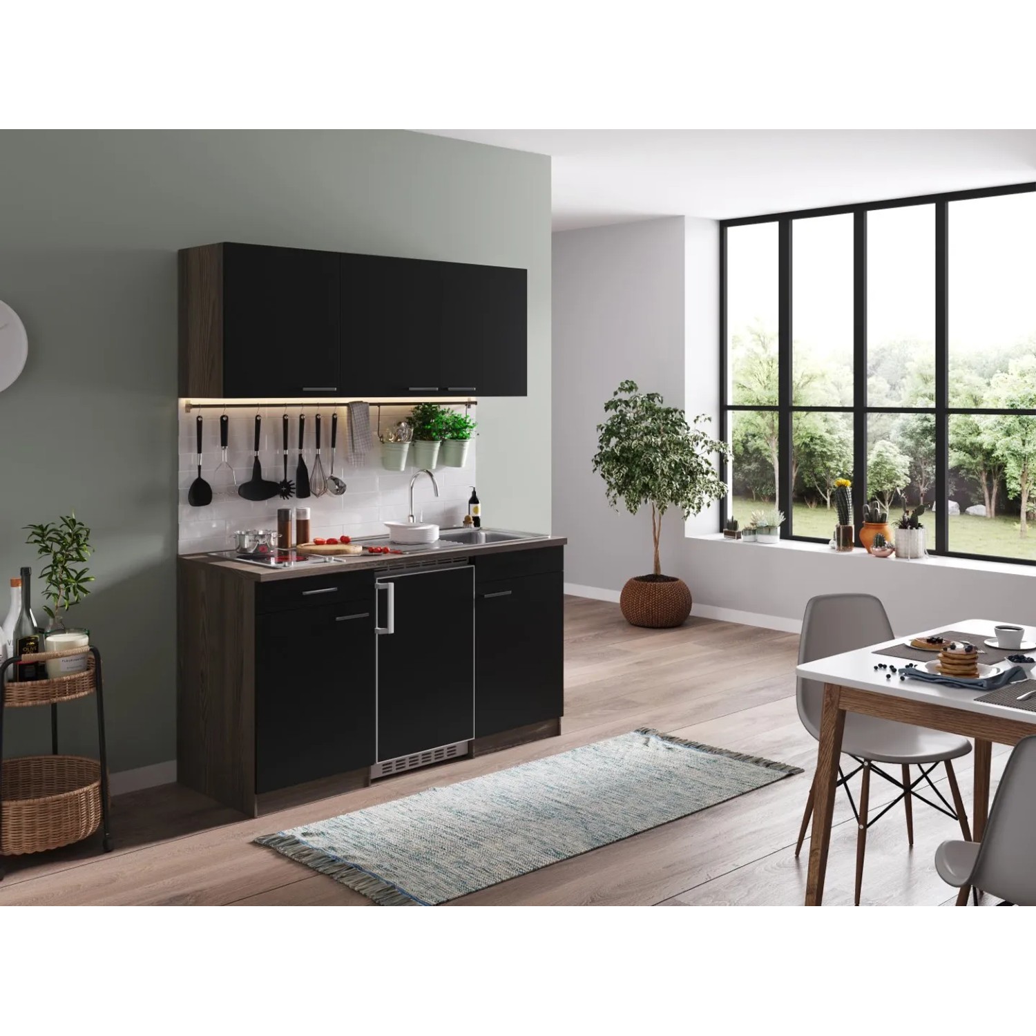 Respekta Küchenzeile KB150EYSC, 150 cm, Schwarz/Eiche York Nachbildung mit Kühlschrank und Kochfeld.