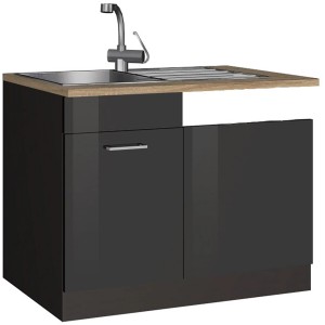 Held Möbel Spülenunterschrank Mailand, 110 cm, Hochglanz Graphit mit Edelstahlspüle und Armatur.