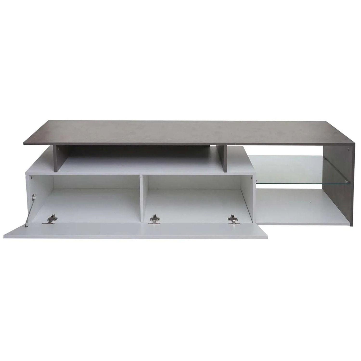 Modernes TV-Rack in Beton-Optik und Weiß. Mit offenen Ablageflächen, zwei Staufächern mit geöffneten Türen und Glasablage.