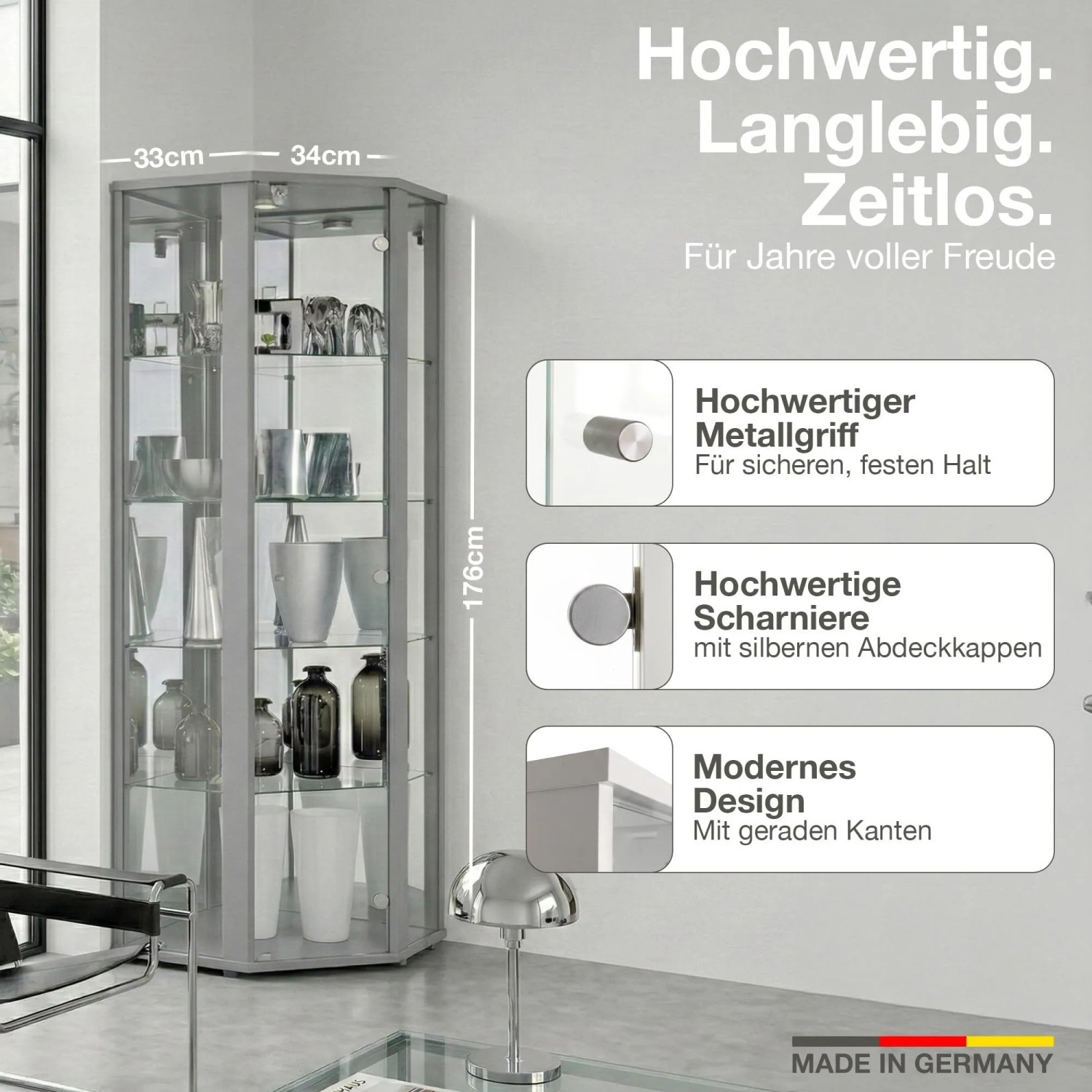 K-Möbel Eckvitrine Glas Stehend 176x56,5x56,5 cm Made in Germany mit Schloss Spiegel & LED Silber kaufen bei OBI