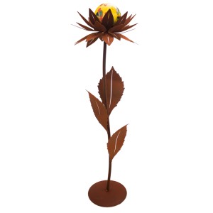 Rostbraune Ferrum Art Design Deko-Glasblume Maya, 118cm hoch, mit gelber Glaskugel als Gartendekoration.