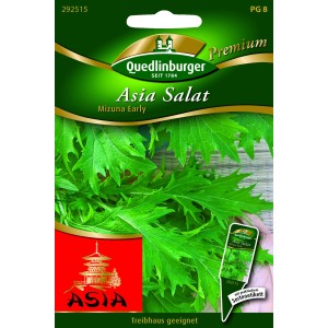 Samentüte Quedlinburger Mizuna 'Mizuna Early' mit grünen, gezackten Salatblättern.