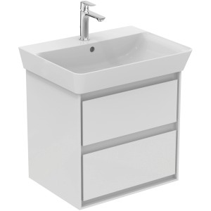Weißer Ideal Standard Waschtischunterschrank Connect Air mit zwei Schubladen und Softclose.