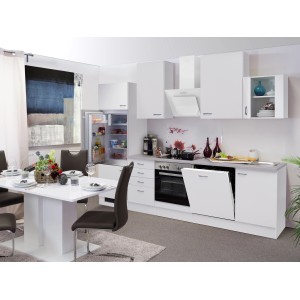 Weiße Flex-Well Classic Küchenzeile Wito 280 cm mit E-Geräten und Spüle.