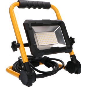 Gelbe LED-Arbeitsleuchte (50W, 5500lm) mit Tragegriff und Kabelaufwicklung für Baustellen.