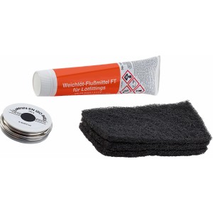 Weichlöt-Set mit Flussmittel, Lötdraht und Reinigungsvlies für Kupferrohre.