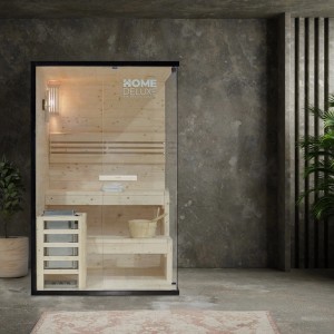 Home Deluxe Sauna SHADOW M für 2 Personen, traditionelle Holzsauna mit Glasfront und Zubehör.