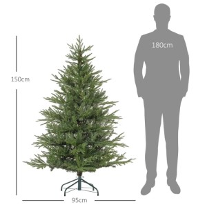 Grüner künstlicher Weihnachtsbaum 150 cm hoch, 95 cm breit, mit realistischen Zweigen und Metallständer. Person zum Größenvergleich.