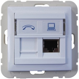 Weiße Logus Telefonsteckdose mit 2xRJ45 CAT6 Anschlüssen und Beschriftungsfeld.