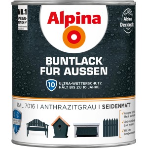 Alpina Buntlack Anthrazit seidenmatt für Außen, 750ml Dose.