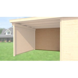 Weka Rückwand 300 cm für Designhaus, naturbelassene Blockbohlen als Wind- und Sichtschutz.