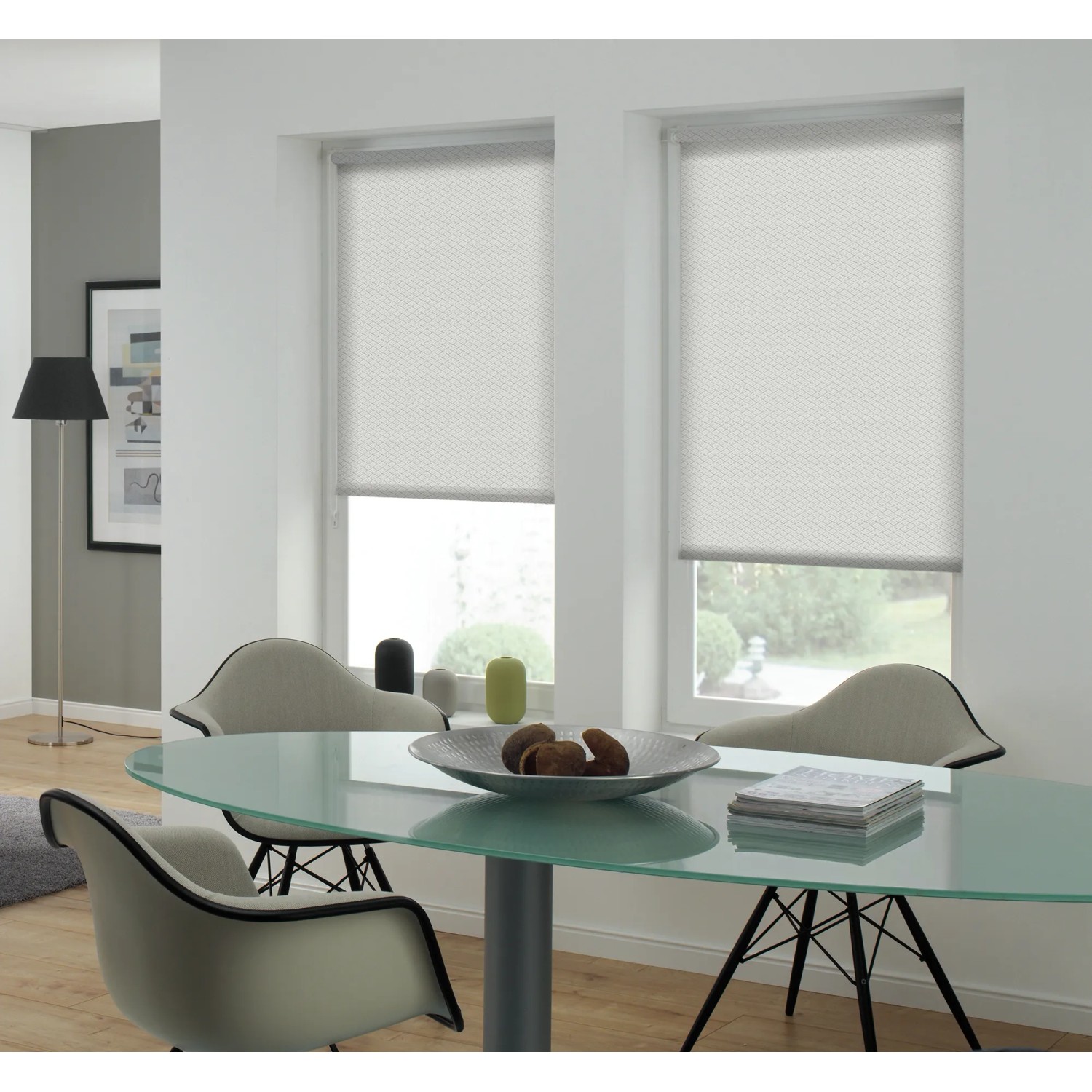 Gardinia EasyFix Rollo Lili Green, weiß, 75x160cm, lichtdurchlässig, im Wohnraum.