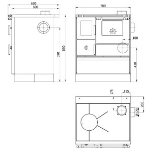 Technische Zeichnung: Westminster Küchenherd K76F-70, Stahl, Backfach rechts, Weiß, 7,6 kW, Maße.