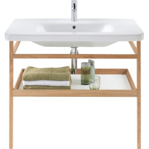 Duravit Handtuchhalter mit Ablage, DuraStyle, weiß-matt, Eiche massiv, unter Waschbecken montiert.