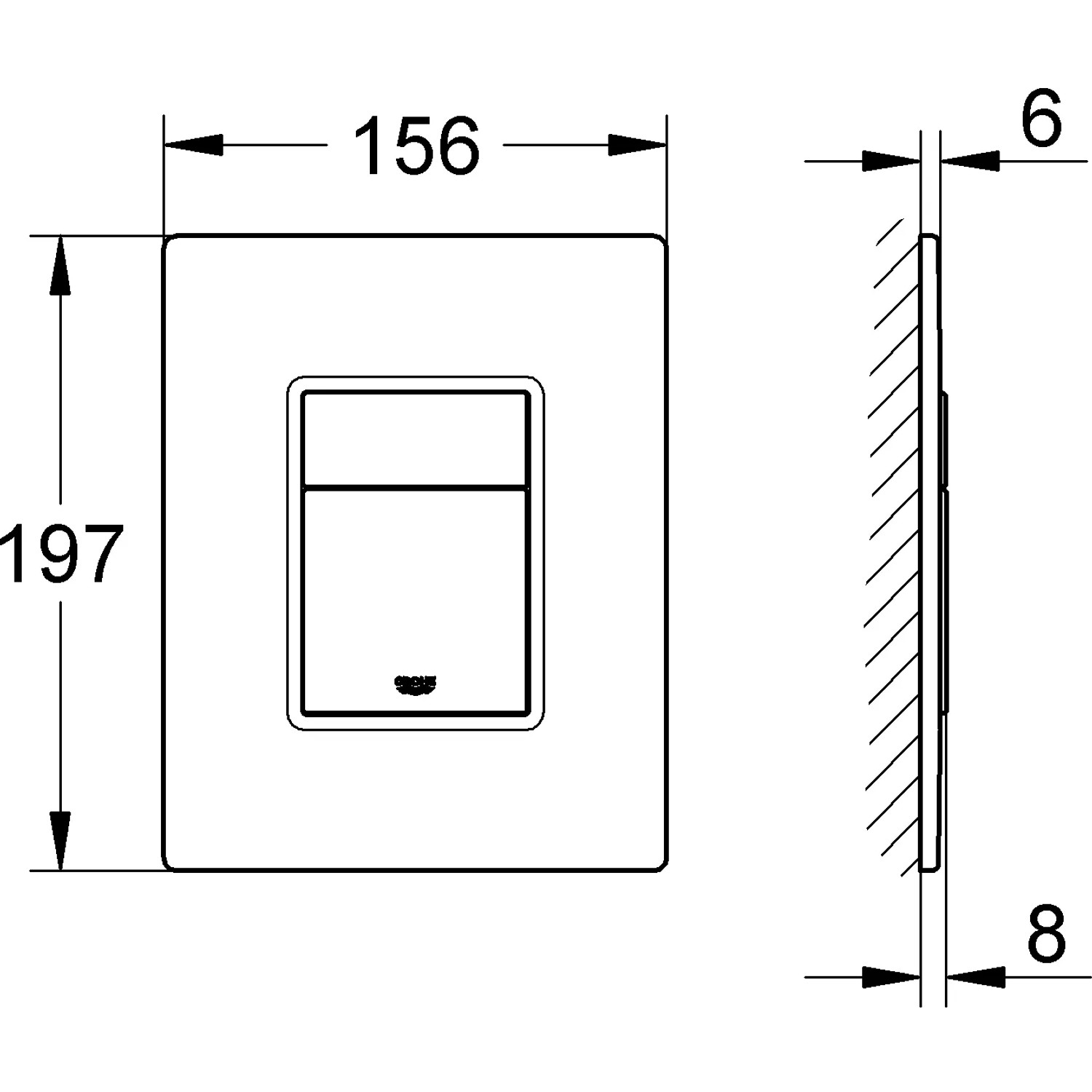 Grohe Skate Air Abdeckplatte aus Glas, schematische Darstellung mit Maßangaben.
