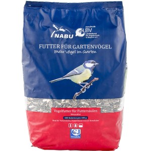 Vogelfutter für Futtersäulen, 1,75 kg, Saatenmischung im blauen Sack mit Vogel-Motiv.